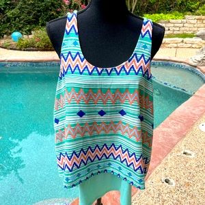 Charming Charlie, Turquoise, Coral, White and Blue, Blouse, size L